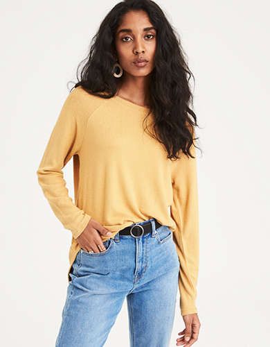 AE Soft & Sexy Plush Classic Crew Neck, Mustard | American Eagle Outfitters (US & CA)