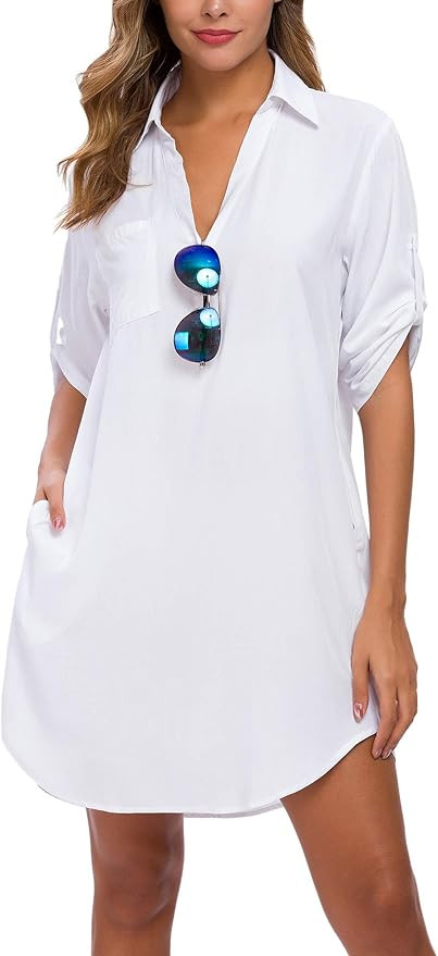 MANAIXUAN Women's Shirt Dress V Neck Long Sleeve Loose Casual with Pockets Front Button | Amazon (US)