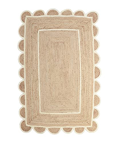 Scalloped Natural Jute Area Rug, Natural Base Off White Trim (5x8 Feet) | Amazon (US)