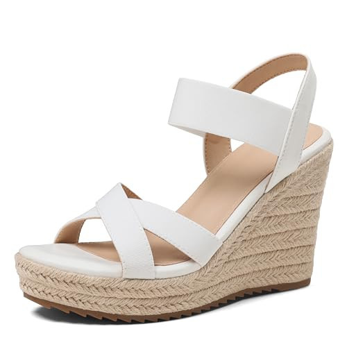 mikarka Women's Open Toe Espadrilles Wedge Sandal Slip On Elastic Ankle Strap Platform Sandals Dressy Comfortable Wedges Shoe White Size 9.5 | Amazon (US)