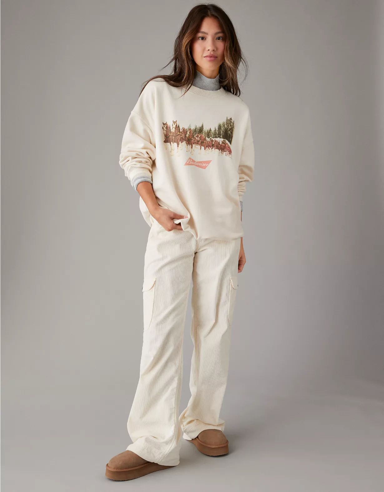AE Oversized Holiday Budweiser Graphic Sweatshirt | American Eagle Outfitters (US & CA)