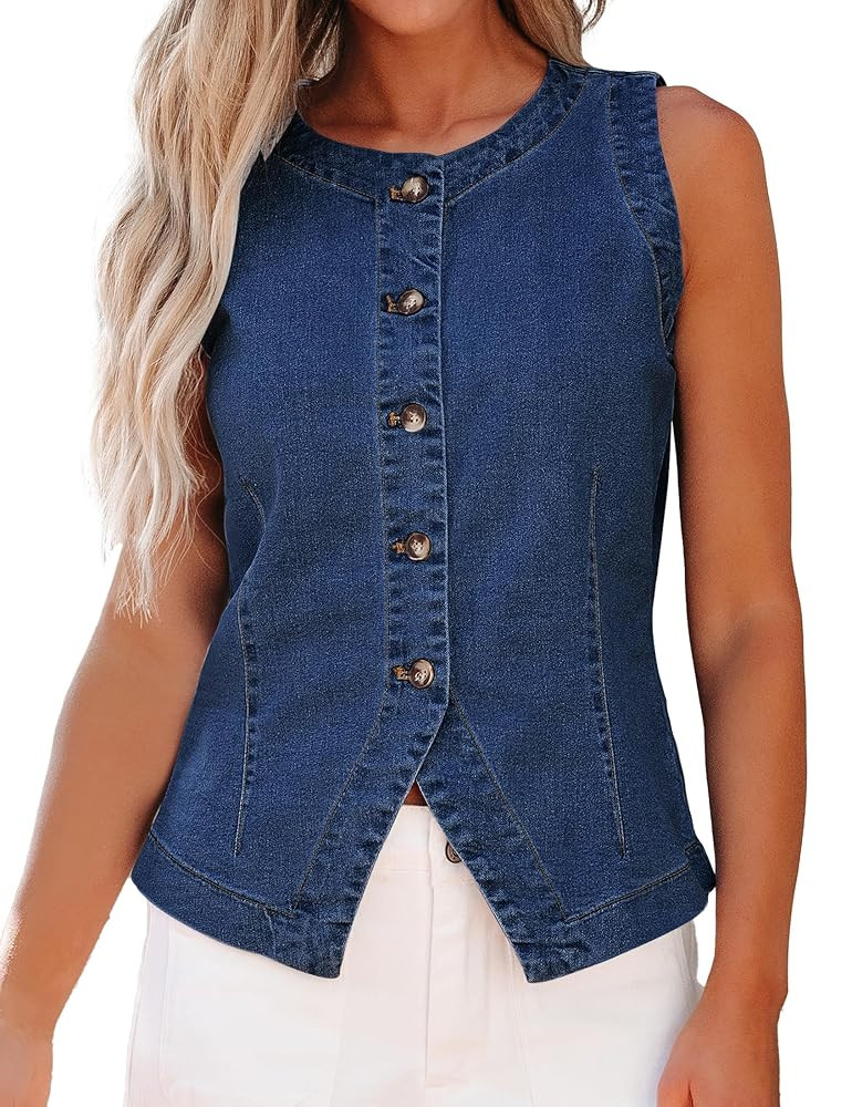 luvamia Denim Vest for Women Sleeveless Strechy Jean Vest Top Button Down Crewneck Casual Summer ... | Amazon (US)