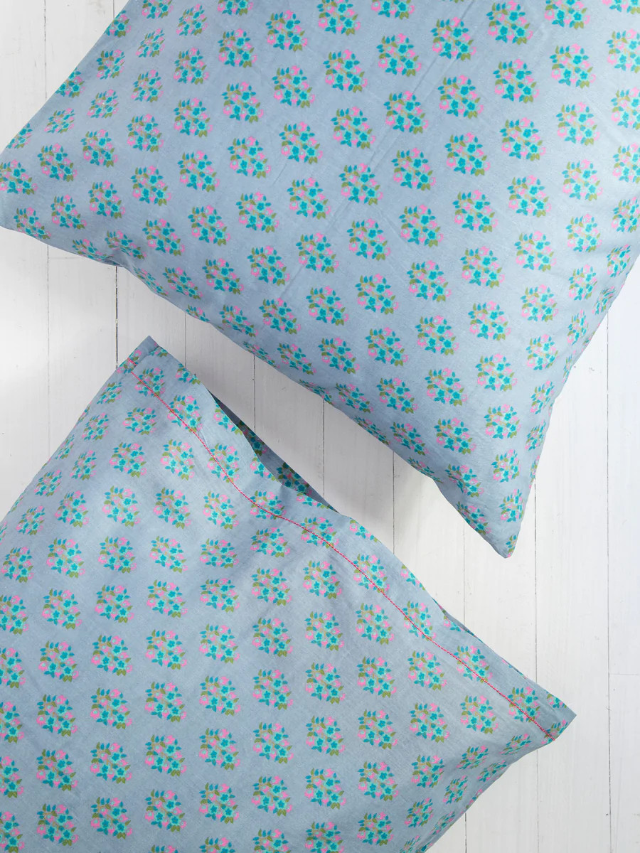 Mixed Print Soft Cotton Pillow Case - Blue Folk Floral | Natural Life