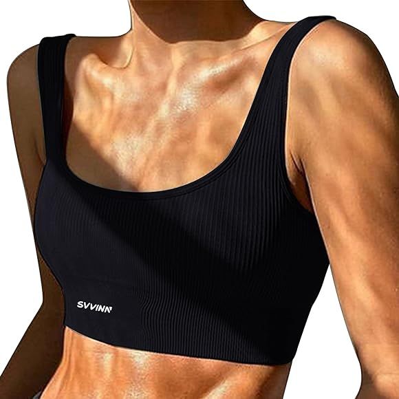 SVVINN Women's Fashion Seamless Active Yoga NO Sweat Ribbed Scoop Neck Sports Bra Workout Gym Tan... | Amazon (US)