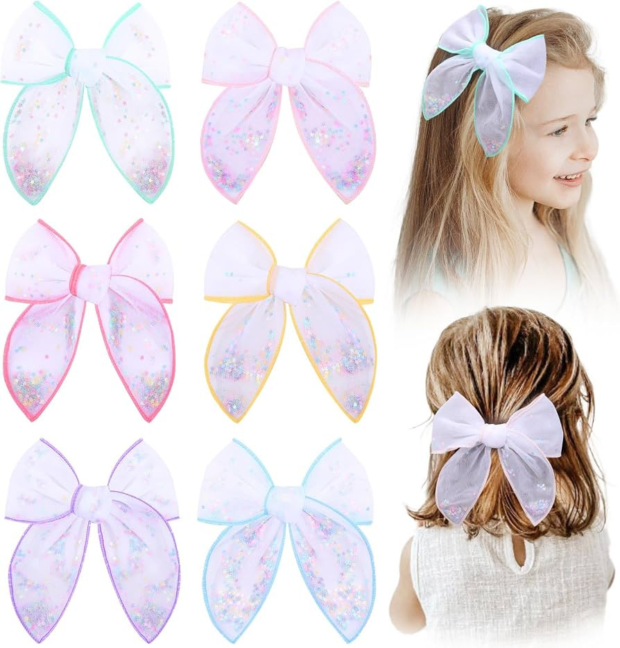 6 PCS Tulle Hair Bows for Girls, CN Toddler Bows with Glitter Star Alligator, Colorful Hair Barre... | Amazon (US)