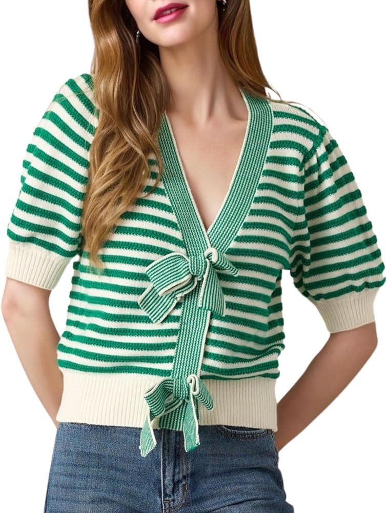 InterNos Womens Bow Front Short Sleeves Sweater Classic Striped V Neck Cropped Knit Pullover Tops | Amazon (US)