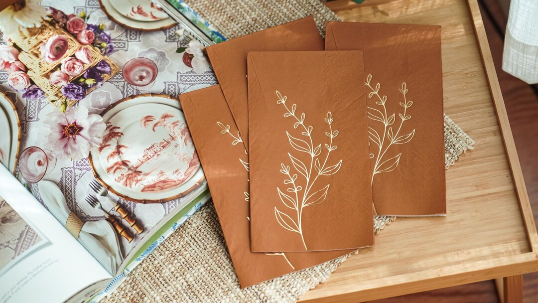 Botanical Brown Disposable Napkins With Gold Foil, Gold Foil Paper Napkins, Dinner Paper Napkins,... | Etsy (US)