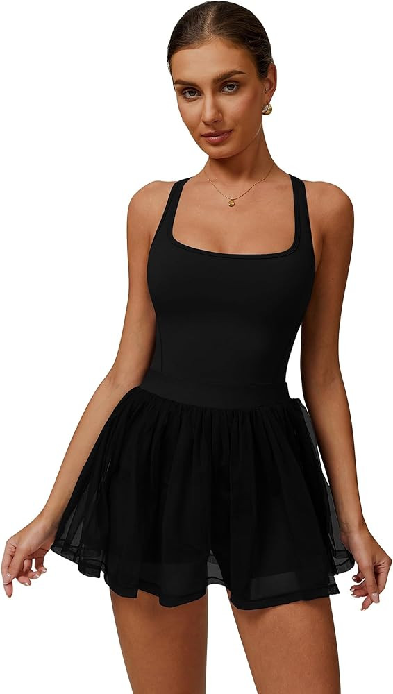 ABOCIW Womns Square Neck Mesh Hem Tennis Dress Built in Bra and Shorts Racerack Workout Golf Athl... | Amazon (US)
