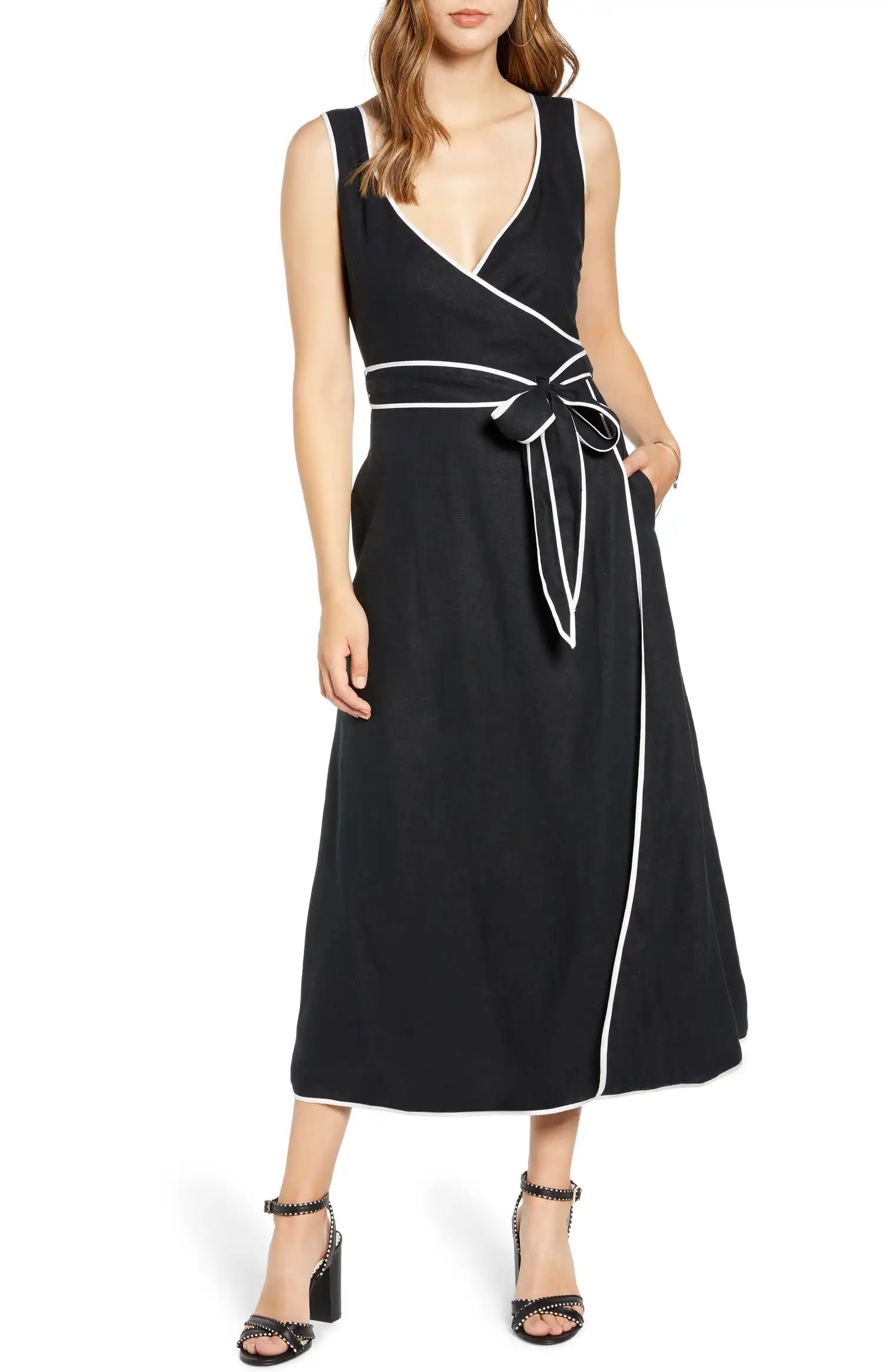 Contrast Trim Belted Linen Blend Sundress | Nordstrom