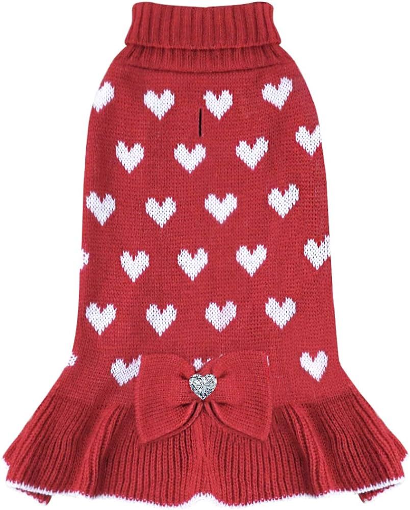 KYEESE Valentine's Day Dog Sweater Dress with Bowtie Red Heart Small Dog Sweater with Leash Hole ... | Amazon (US)