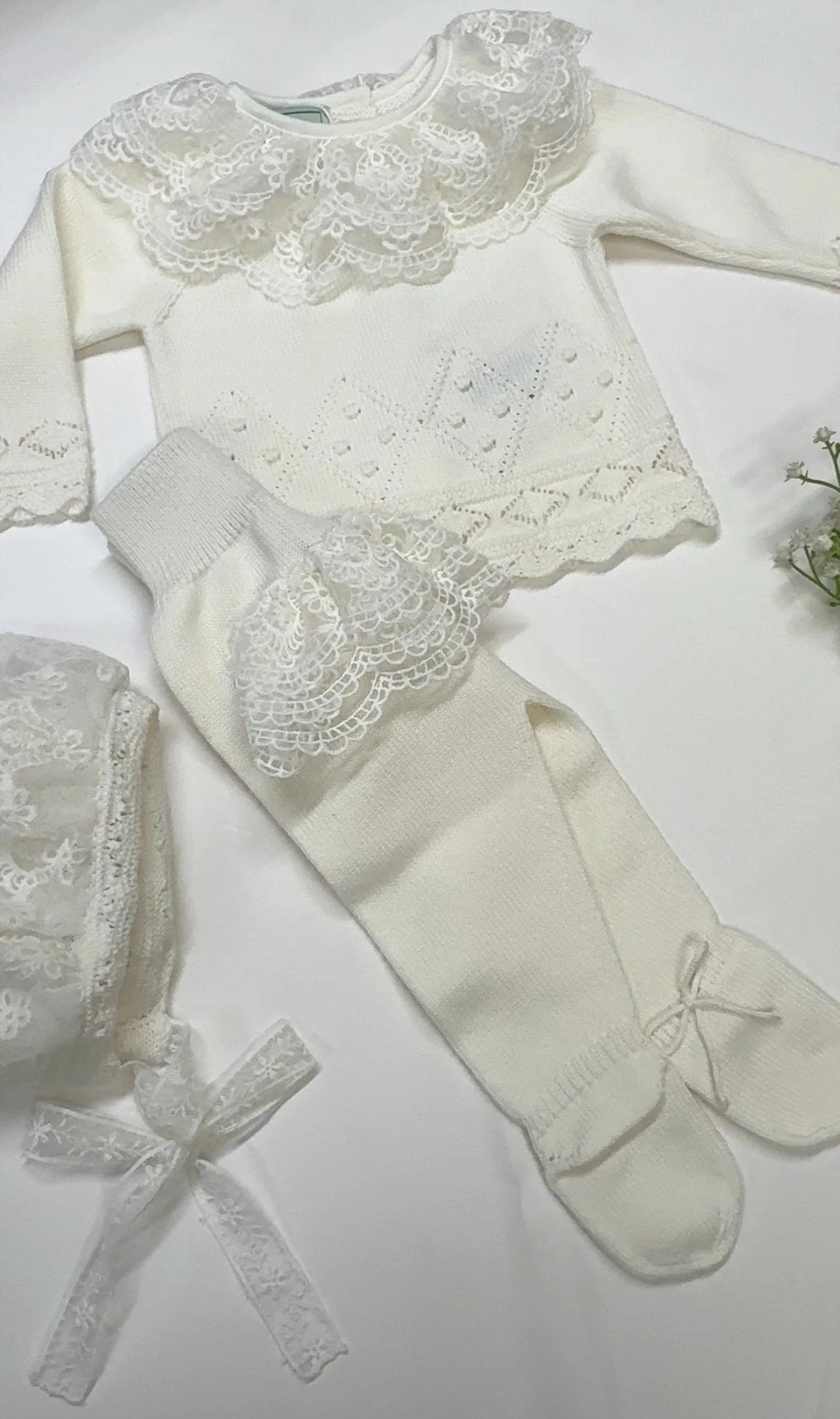 Ivory Three Piece Spanish Knit Baby Set with Lace | petite maison kids