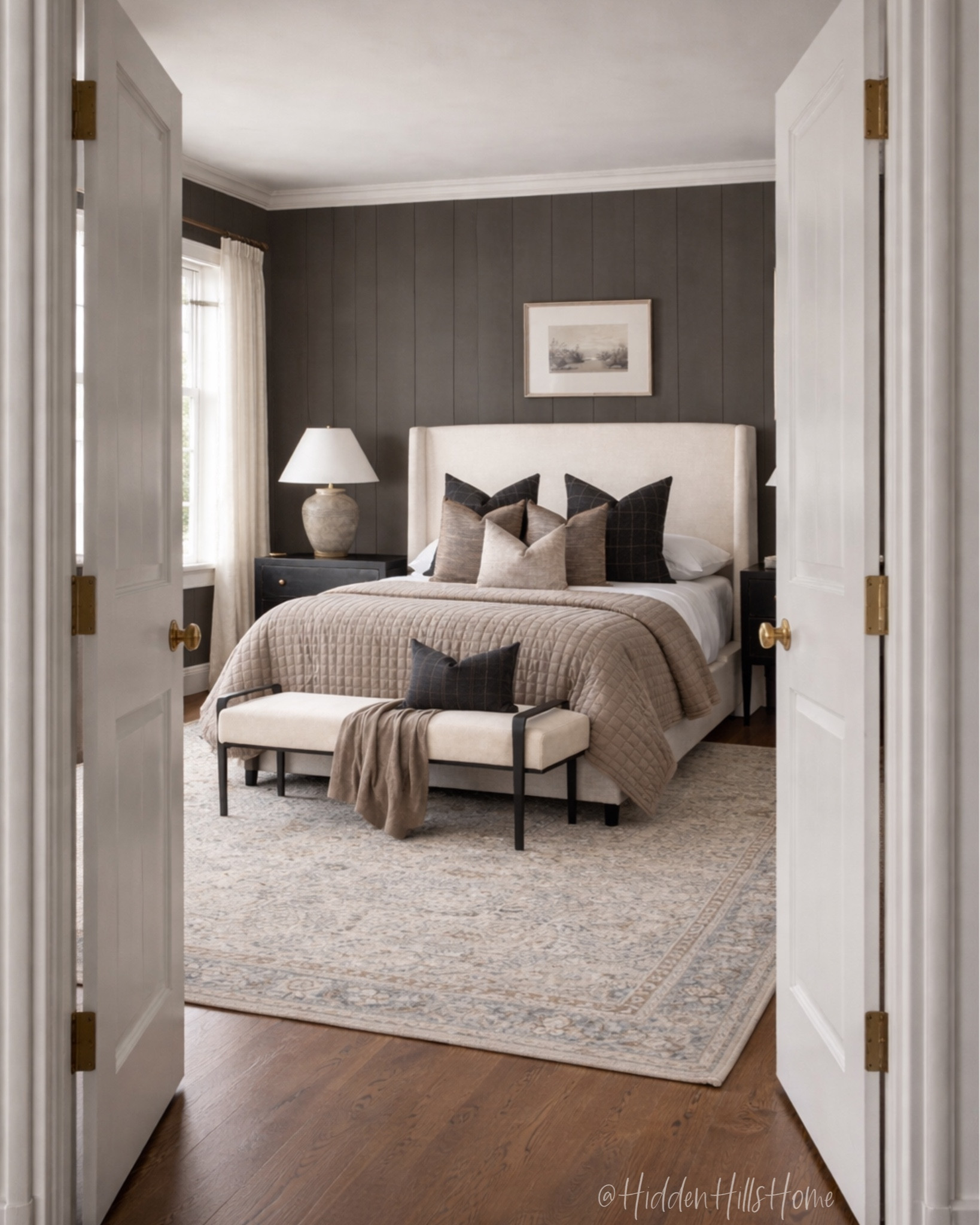 Moody bedroom decor, bedroom inspiration, master bedroom design, primary bedroom ideas with dark accent wall; Tilly bed #bedroom 
Wall color is Ubrane Bronze


#LTKHome #LTKFindsUnder100 #LTKSaleAlert