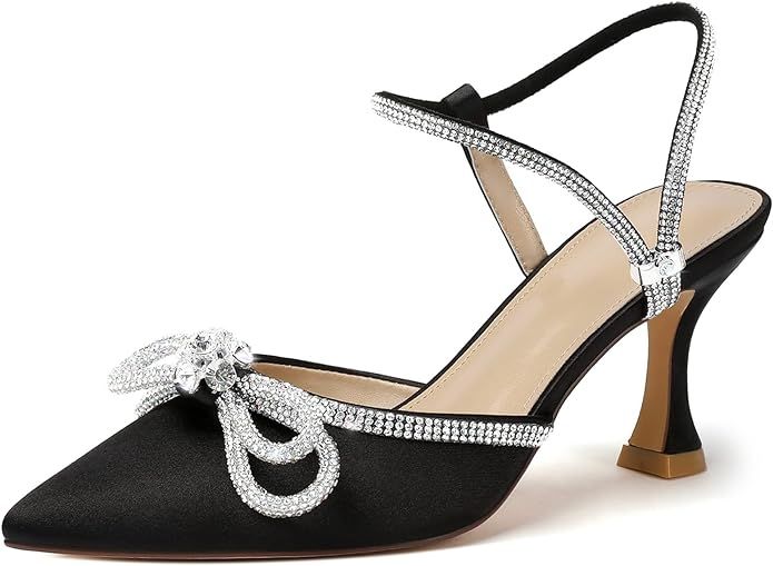 Amazon.com | Susanny Black Rhinestone Heels for Women Bow Heels Evening Party Ankle Strap Closed ... | Amazon (US)