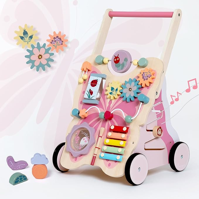 Giant bean Wooden Baby Walker for Girls, Pink Butterfly Push and Pull Learning Activity Walker, B... | Amazon (US)