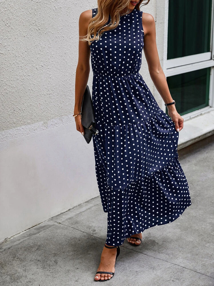 EMERY ROSE Vestido Largo De Línea A Con Volantes En El Bajo Y Sin Mangas Con Estampado De Lunares Para Mujer | SHEIN