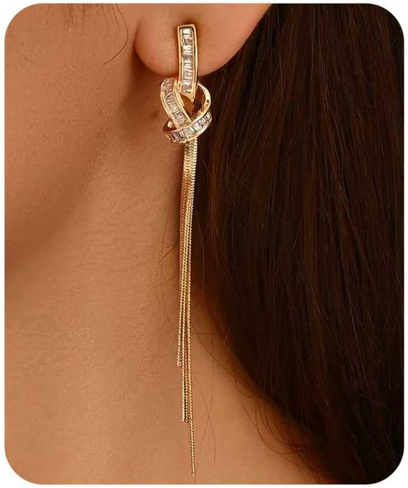 Dangle Earrings for Women, Sparkly Rhinestone Long Tassel Chain Earrings | Amazon (US)
