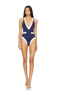 L'AGENCE Lisa Plunge One Piece Swimsuit in Color Block Chic Marine from Revolve.com | Revolve Clothing (Global)