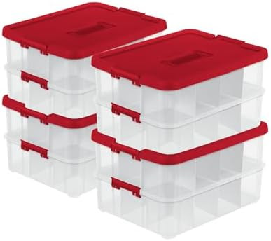 Sterilite 4-Pack 2-Layer Ornament Box, Plastic Christmas Organizer Bins with Lids, Red - Large St... | Amazon (US)