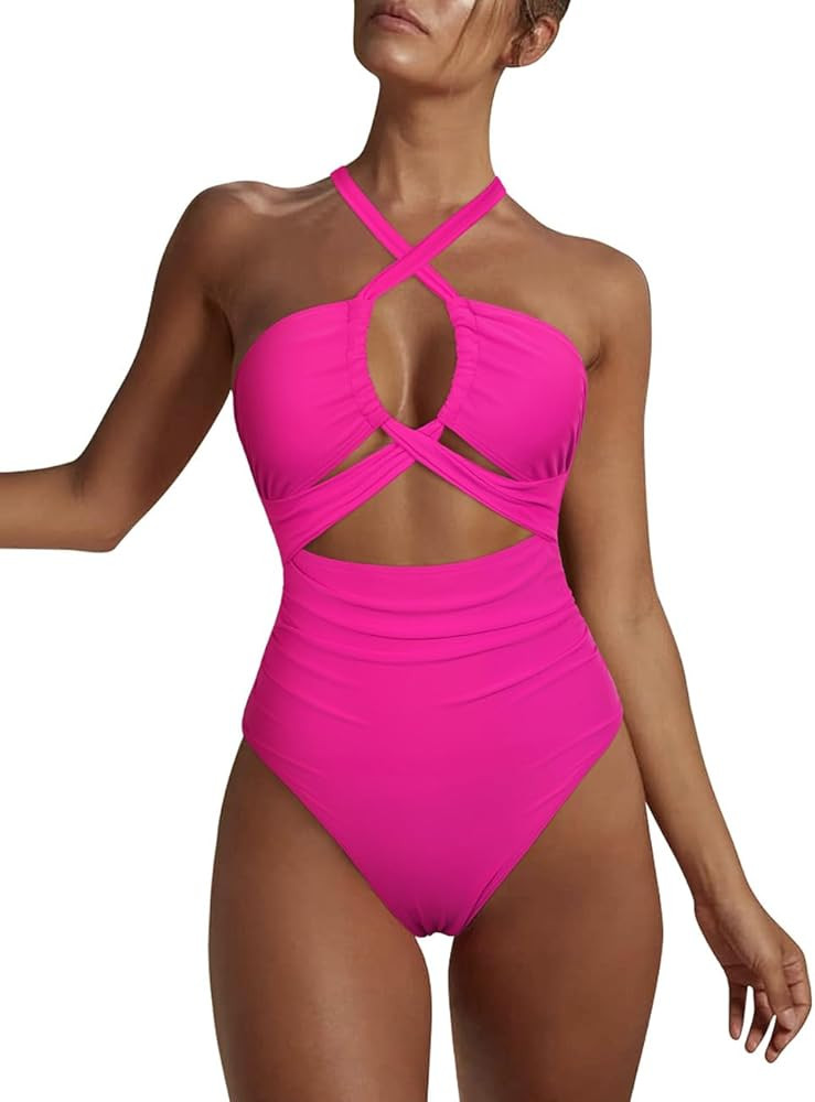 Hilor Women's One Piece Swimsuit Sexy Cutout Halter Bathing Suits Crossover High Cut Monokini Swi... | Amazon (US)