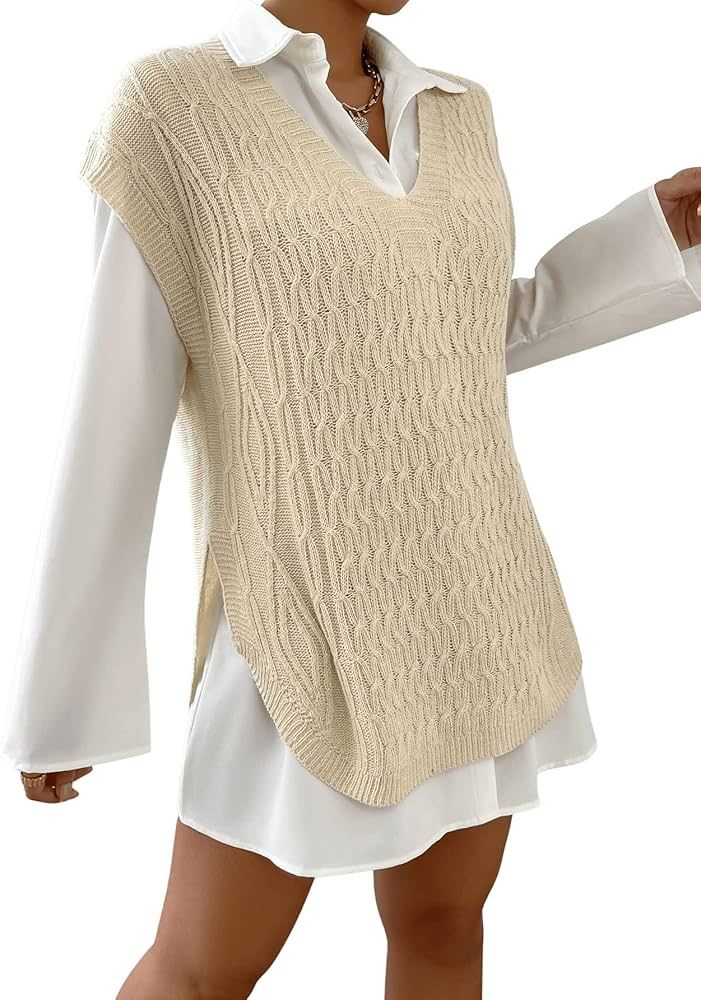 SweatyRocks Women's Casual V Neck Knitted Sweater Vest Sleeveless Loose Pullover Tunic Top Aprico... | Amazon (US)