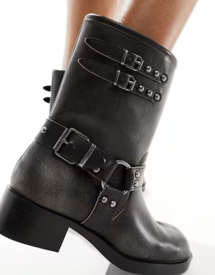 Stradivarius square toe biker boot with buckle in washed black | ASOS (Global)