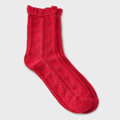 Women's Soft Ruffle Cuff Textured Hearts Valentine's Day Mid Crew Socks - Auden™ Red 4-10 | Target