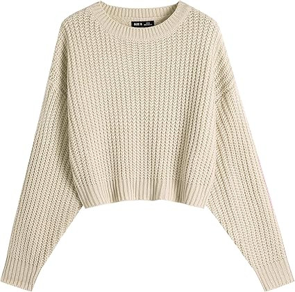 Ckikiou Spring Fall Crew Neck Batwing Cropped Sweater for Women Lightweight Soft Knitted Semi Sho... | Amazon (US)