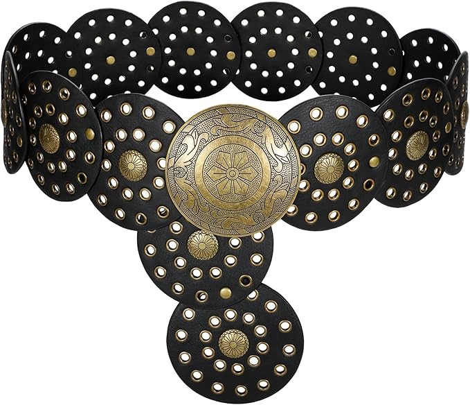 LEACOOLKEY Women's Boho Disc Belt Wide Western Leather Belt Vintage Concho Waist Belt for Dress J... | Amazon (US)