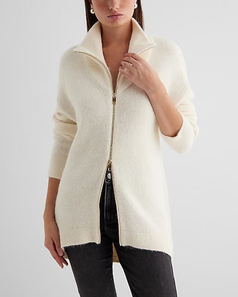 Fuzzy Knit Collared Zip Up Sweater | Express