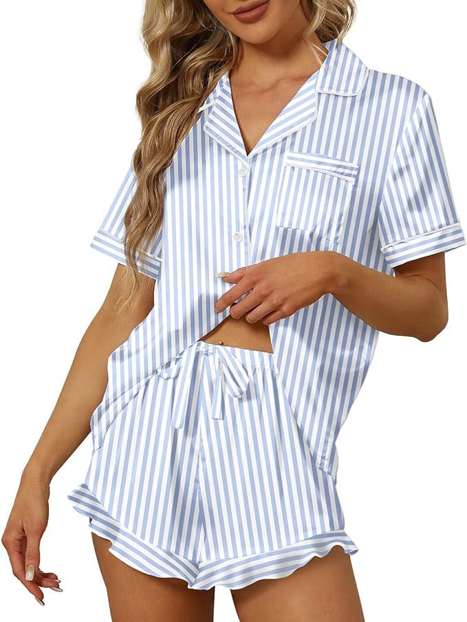 SAPJON Silk Pajamas for Women 2Pcs Ruffle Lingerie Notch Collar Sleepwear Button Down Short Sleev... | Amazon (US)