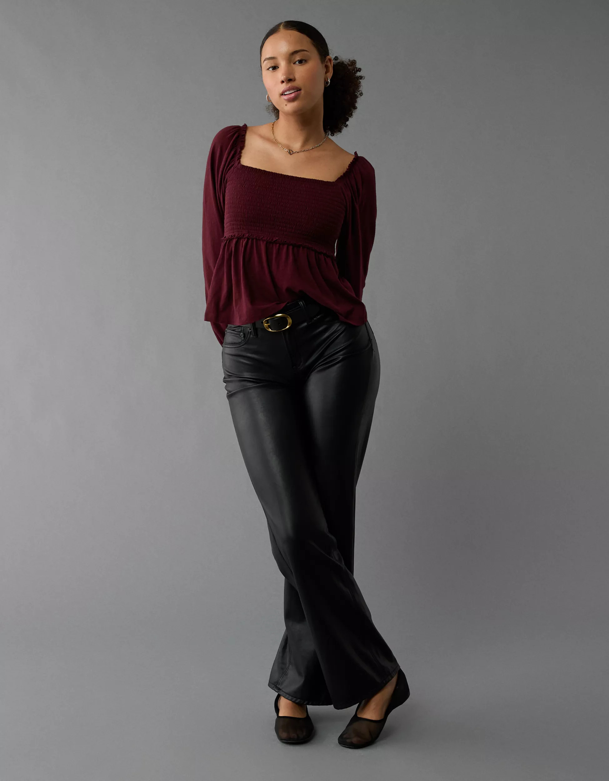 AE Long-Sleeve Smocked Babydoll Shirt | American Eagle Outfitters (US & CA)