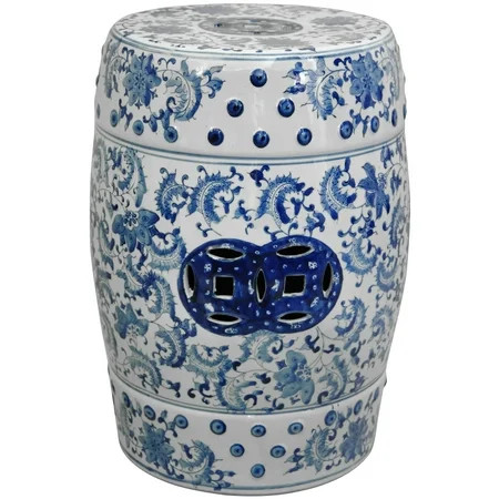 Oriental Furniture 18"" Floral Blue & White Porcelain Garden Stool | Walmart (US)