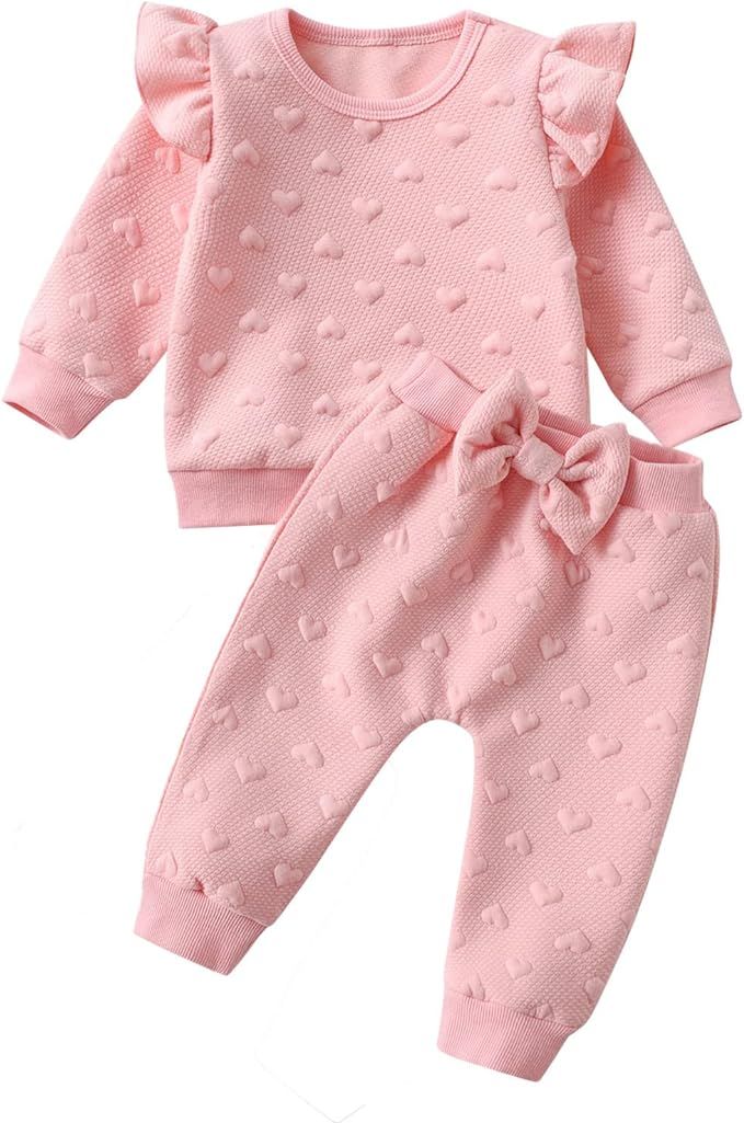 Siracend 2pcs Baby Girl Love Heart Textured Ruffle Trim Long-sleeve Pullover and Bow Front Pants ... | Amazon (US)