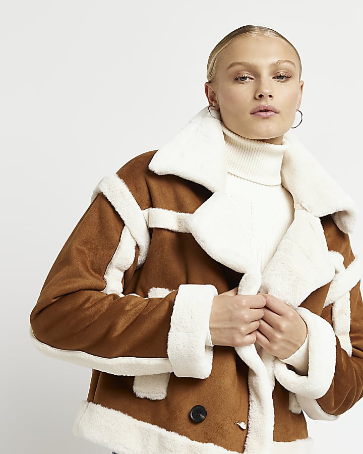 Brown faux fur cropped aviator jacket | River Island (UK & IE)