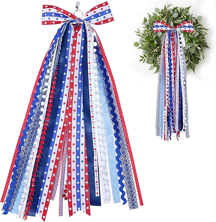 Fanqisi 4th of July Decorations-Patriotic Wreath Sash for Front Door Decor, Assorted Red White an... | Amazon (US)