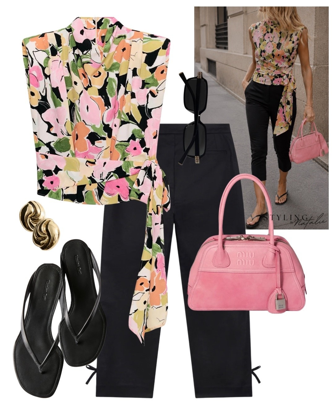 Bank holiday weekend look- floral top with tie waist, black capri pants, kitten heel thong sandals and pink Miu Miu bag. 
Date night look, evening outfit, holiday outfit, summer outfit, dressy casual, floral print, Zara, high street.

#LTKsummer #LTKdatenight #LTKpartywear