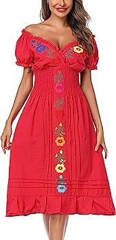 YZXDORWJ Women Mexican Embroidered Casual Dress Summer Ruffle V Neck Short Sleeves | Amazon (US)