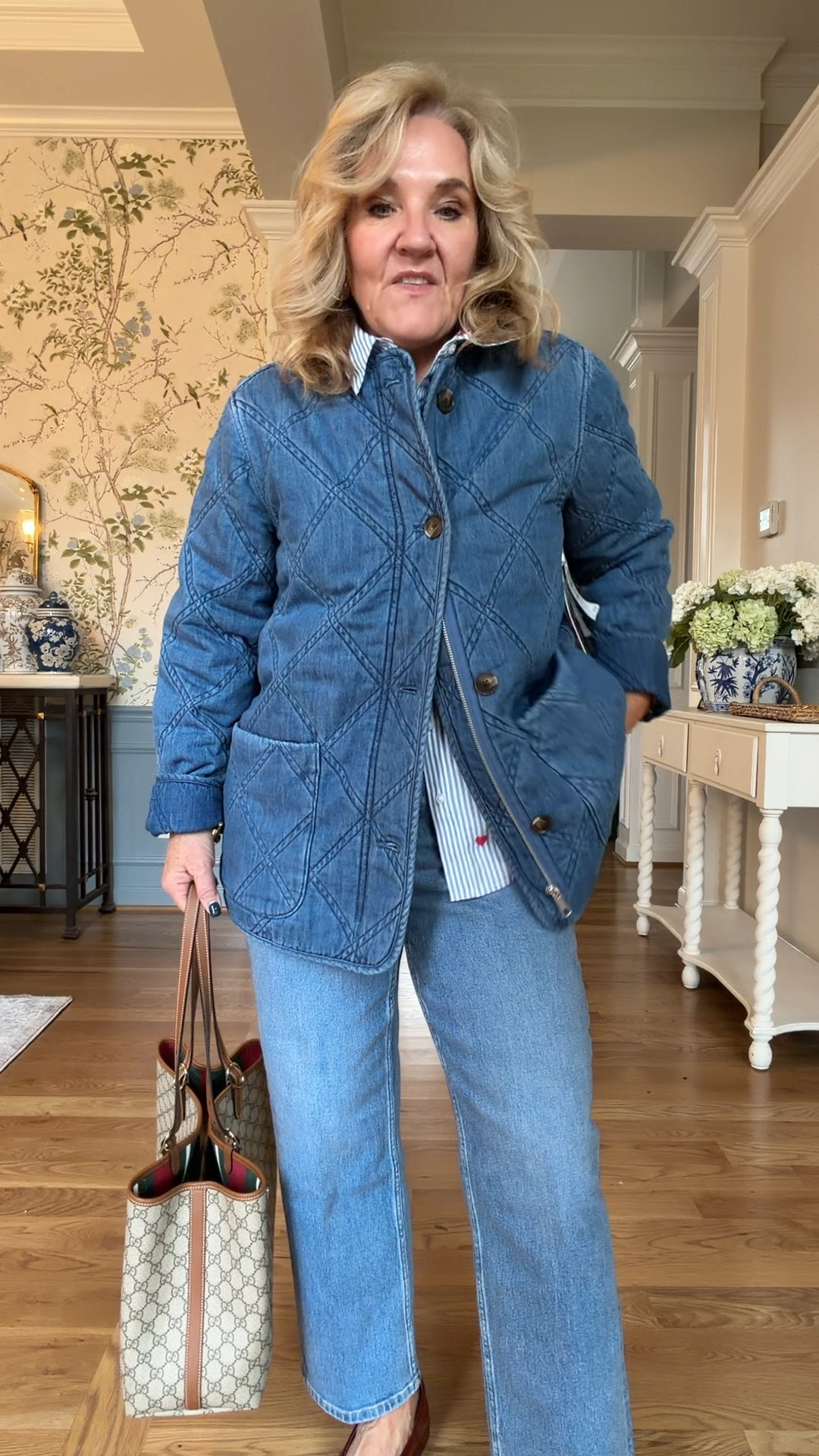 I sized up in this sweater to a large
My spanx front zip jeans size medium petite. There is a lot of compression on these jeans and I like the support, but you just need to be aware of that.

Love both of these flats. True to size and very comfortable. The Maryjane are probably I bit more suited for walking miles and miles. Love them! 
20% off my jewelry code NANETTE20

Straight leg, jeans, medium washed jeans, striped sweat sweater, navy sweater preppy style

#LTKPetite #LTKSeasonal #LTKOver40