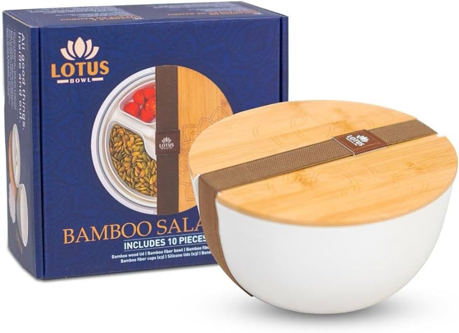 Lotus Bowl Bamboo Salad Bowl Kit | 64oz | Comes with Three 4oz Leakproof Ingredient Cups and Remo... | Amazon (US)