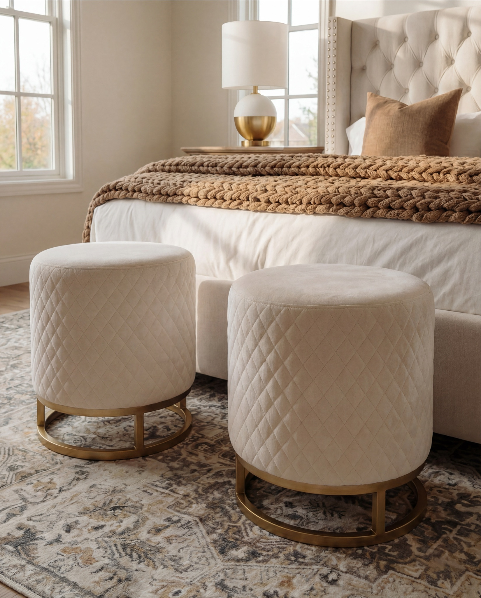 Shop the Look:
• Upholstered tufted bed (cream or ivory)
• Neutral upholstered bench or bed frame base
• Wooden nightstands (medium warm wood)
• Table lamps (white shade, brass base)
• White bedding (duvet + sheets)
• Brown textured throw blanket
• Neutral accent pillows (tan or camel)
• Framed floral artwork (warm brown tones)
• Quilted round ottomans (cream)
• Brass ottoman bases
• Vintage-style area rug (neutral pattern)
• Exposed wood ceiling beams
• Decorative bowl or small tray on nightstand
•wood decor beads

#LTKSaleAlert #LTKFindsUnder100 #LTKHome
