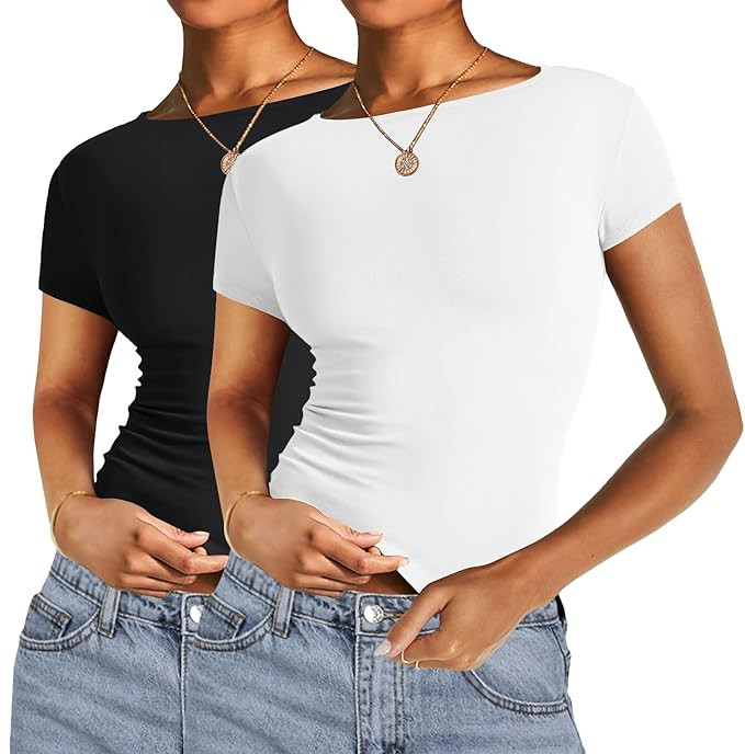 AKEWEI Long Sleeve Crop Tops for Women 2 Pack Fall Going Out Outfits Cute Tight Basic Tees Shirt | Amazon (US)