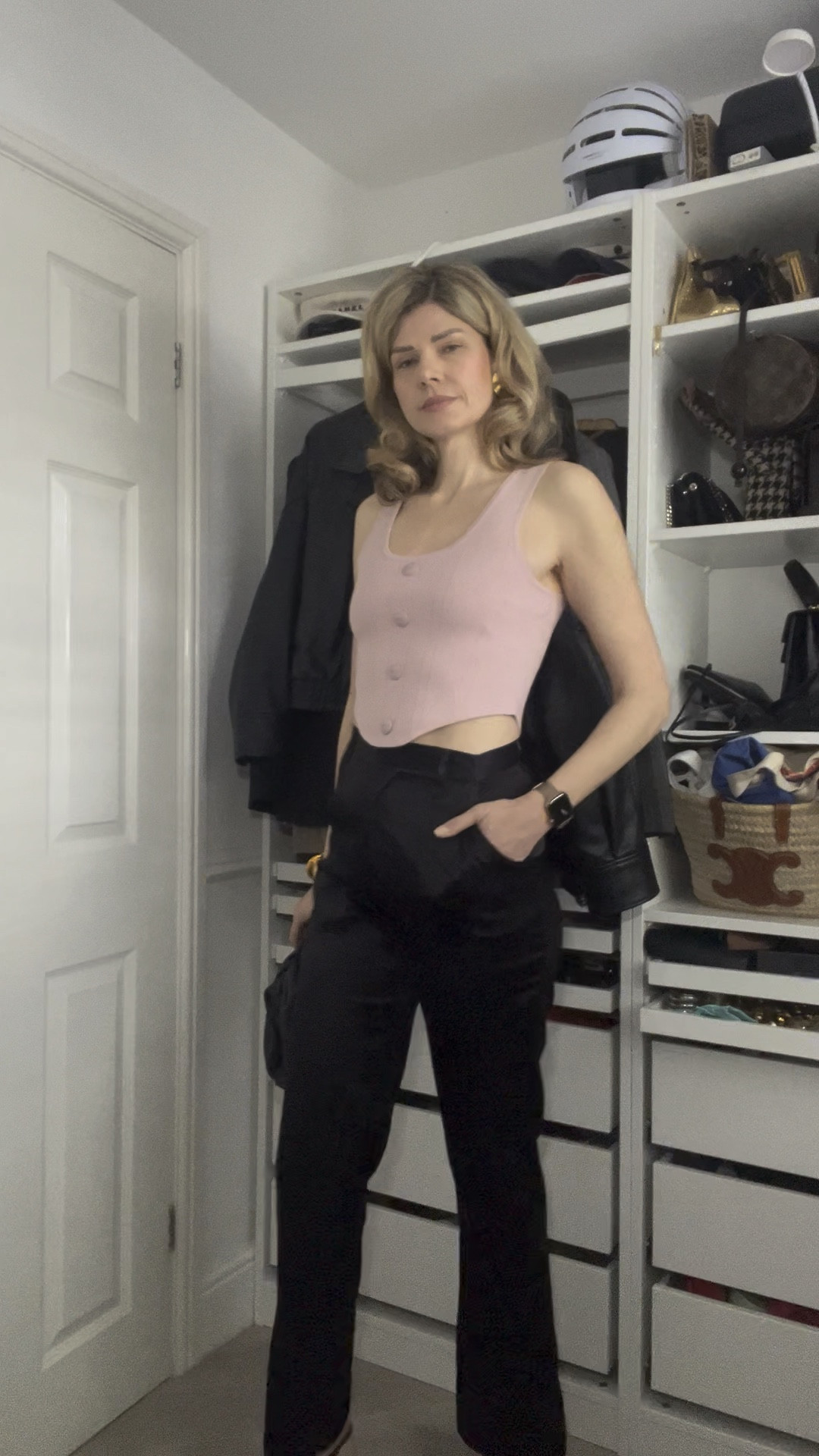 Corset top, pink top, holiday top, summer top, knit top, silk trousers, black trousers, clutch, Bottega Veneta bag, sezane heels, burgundy heels 

#LTKsummer #LTKspring #LTKuk