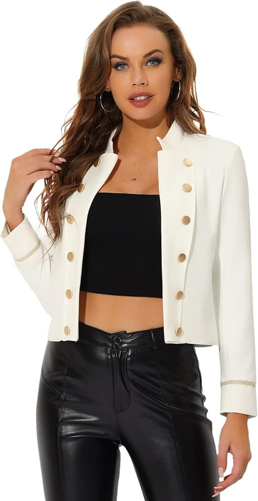 Allegra K Cropped Jacket for Women's Button Decor Casual Vintage Steampunk Jacket | Amazon (US)