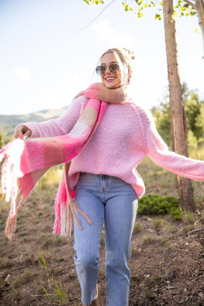 Dreamy Days Pink Fuzzy Crew Neck Sweater | Pink Lily
