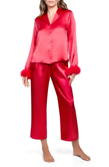 In Bloom by Jonquil Nayeli Marabou Trim Satin Top & Pants Pajamas in Scarlet at Nordstrom Rack, Size Medium | Nordstrom Rack