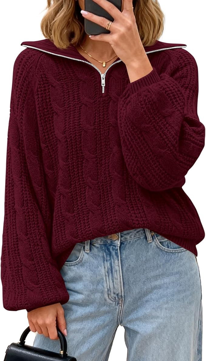 BTFBM Sweaters for Women Fall Fashion 2025 Loose Quarter Zip Pullover Collared Long Sleeve Cable ... | Amazon (US)