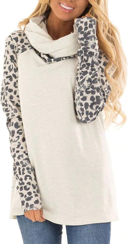 Blivener Women's Casual Sweatshirts Long Sleeve Leopard Print Tops Cowl Neck Raglan Shirts | Amazon (US)