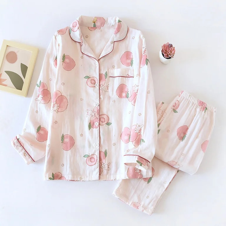 Oalirro Cotton Pajamas for Women Casual Long Sleeve Top with Long Pants Homewear Top and Long Pan... | Walmart (US)