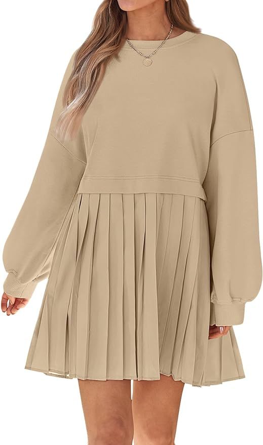 LILLUSORY Womens Oversized Sweatshirt Dress Casual Long Sleeve Pullover Loose Crew Neck Pleated T... | Amazon (US)