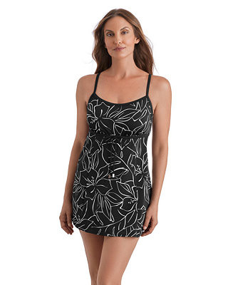 ShapeSolver Women's Scoop Neck Printed Swim Dress - Macy's | Macy's